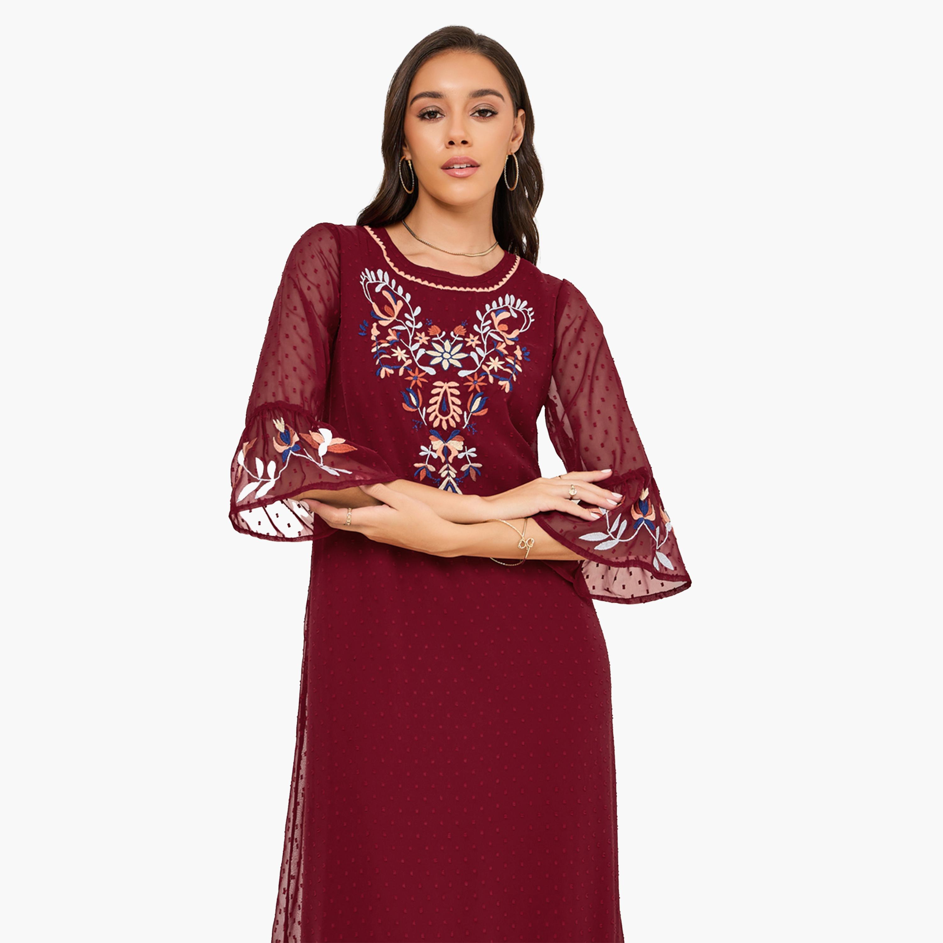 Styli Embroidery Detail Dobby Shift Maxi Dress-women-clothing-dresses-image-2