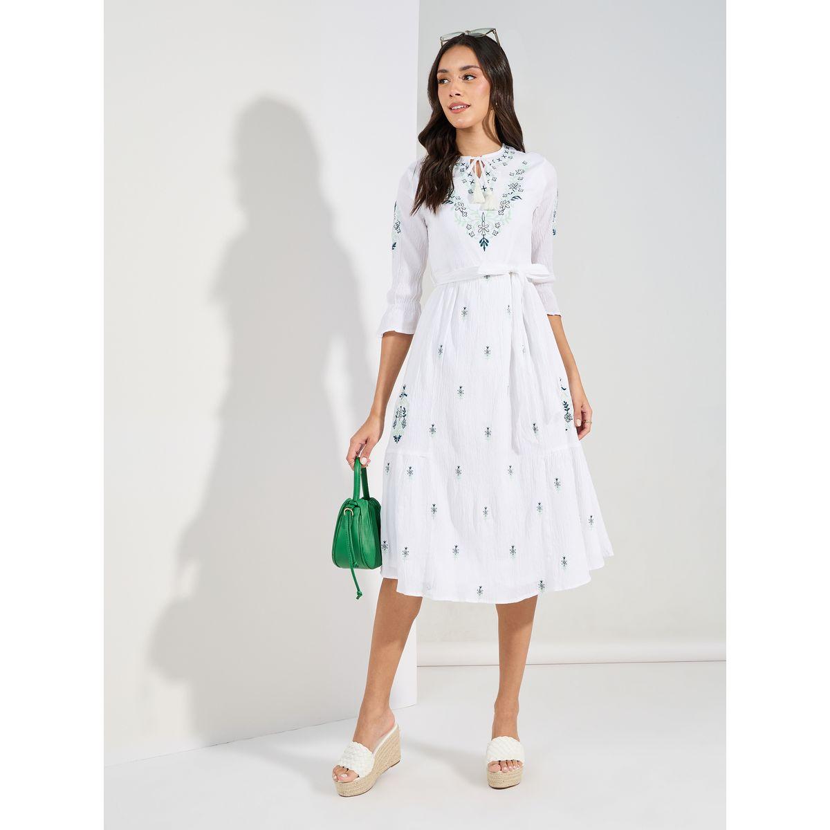 Styli Embroidery Detail Midi Dress with Tie Belt-women-clothing-dresses-image-1