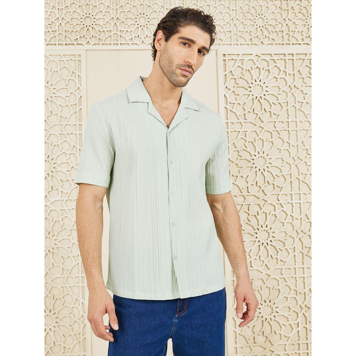 Styli Limited Striped Textured Woven Camp Cuban Collar Relaxed Fit Shirt-men-clothing-shirts-image-1