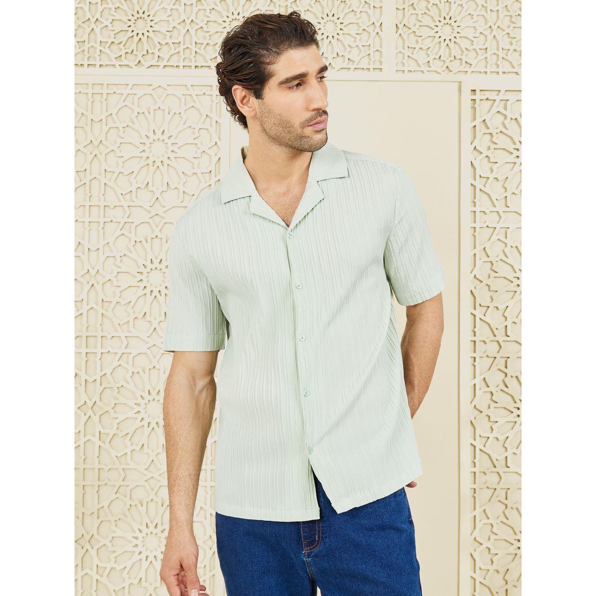 Styli Limited Striped Textured Woven Camp Cuban Collar Relaxed Fit Shirt-men-clothing-shirts-image-3