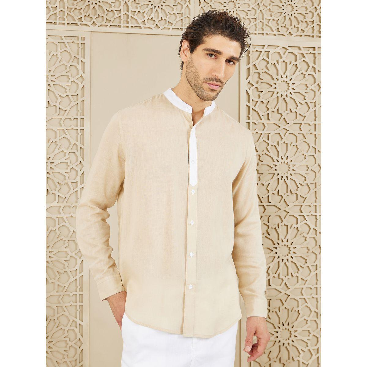 Styli Limited Premium Cotton Slub Contrast Mandarin Collar Regular Fit Shirt-men-clothing-shirts-image-1