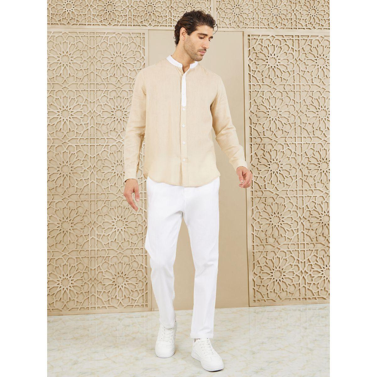 Styli Limited Premium Cotton Slub Contrast Mandarin Collar Regular Fit Shirt-men-clothing-shirts-image-2