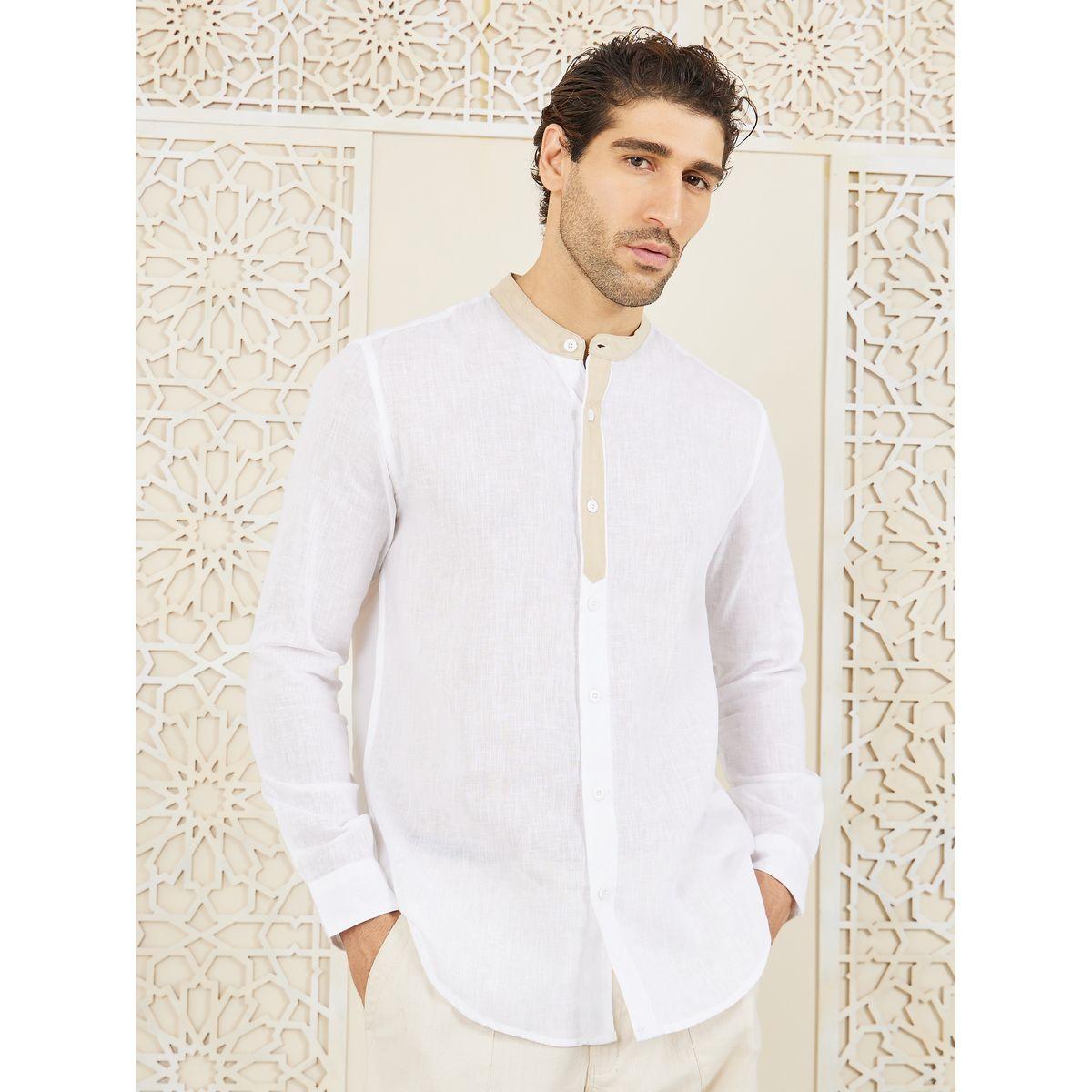 Styli Limited Premium Cotton Slub Contrast Mandarin Collar Regular Fit Shirt-men-clothing-shirts-image-1
