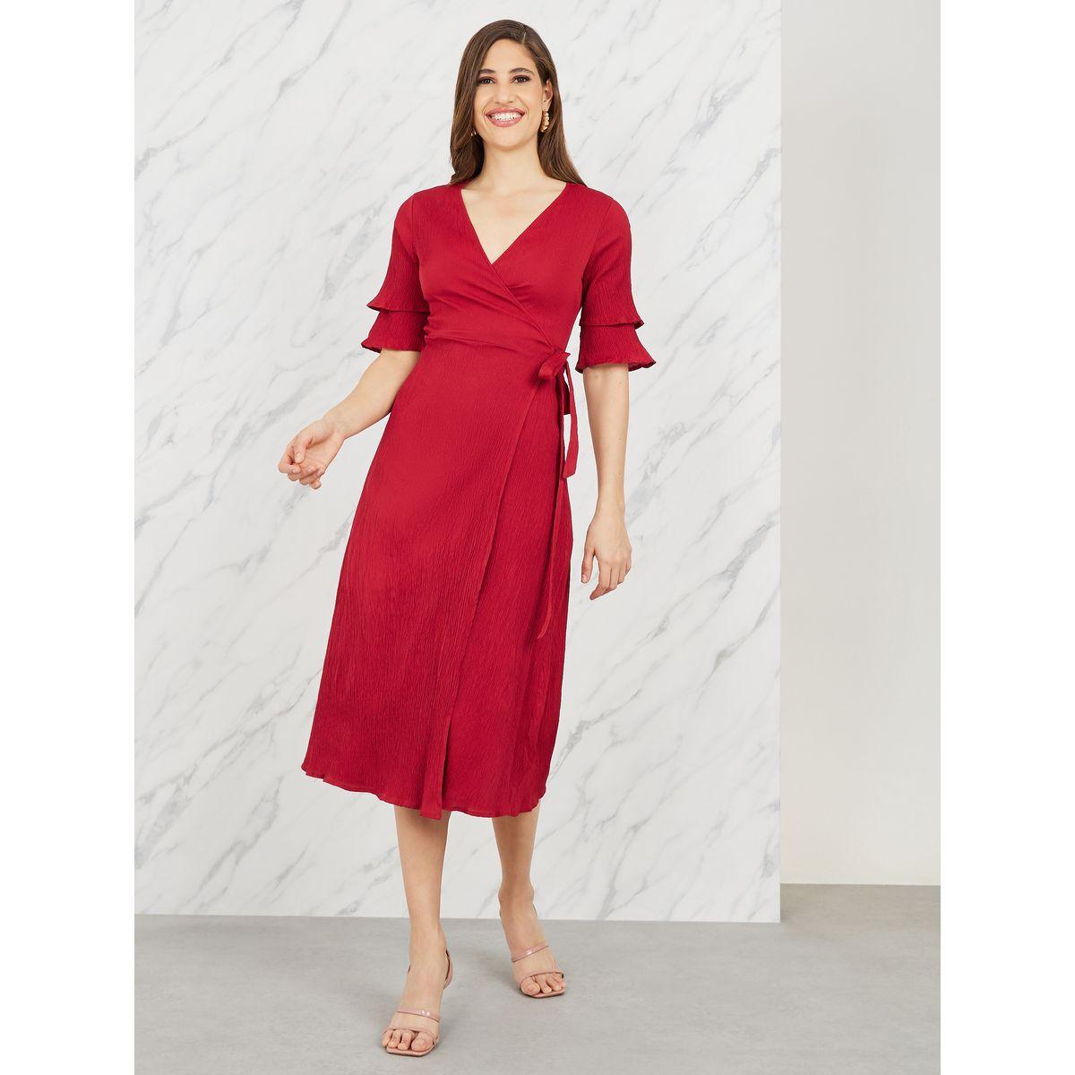 Styli Crepe Frill Layer Sleeves Wrap Midi Dress-women-clothing-dresses-image-1