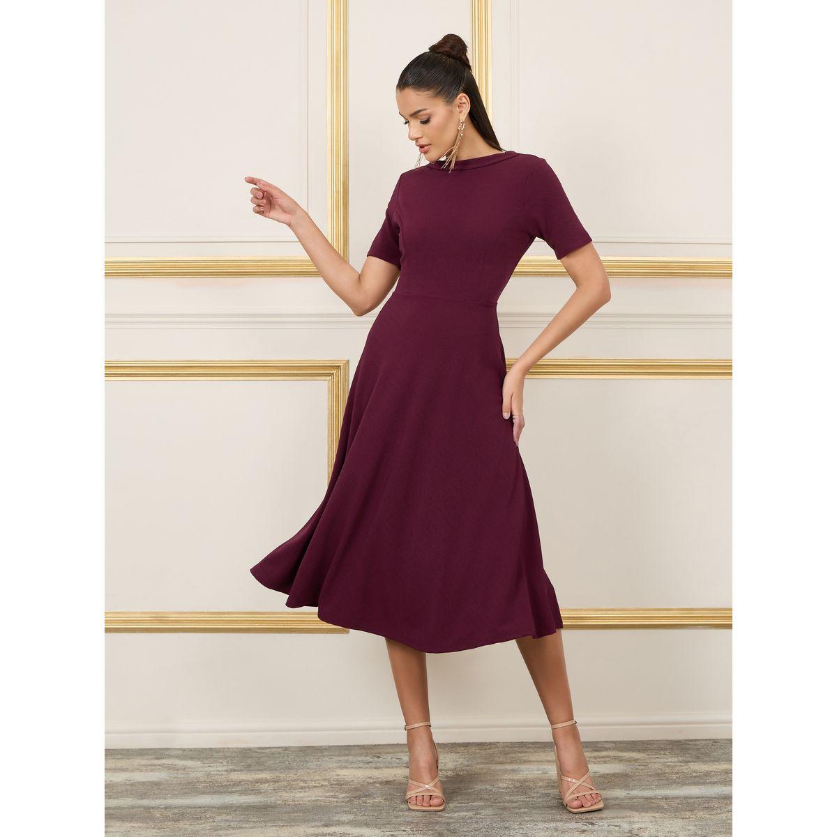 Styli Solid High Neck V Back A-Line Midi Dress-women-clothing-dresses-image-1