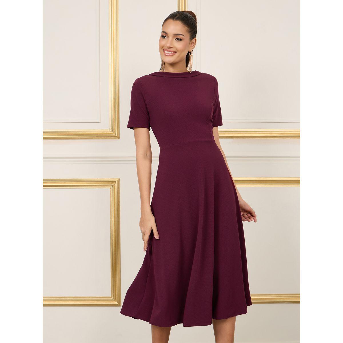 Styli Solid High Neck V Back A-Line Midi Dress-women-clothing-dresses-image-2