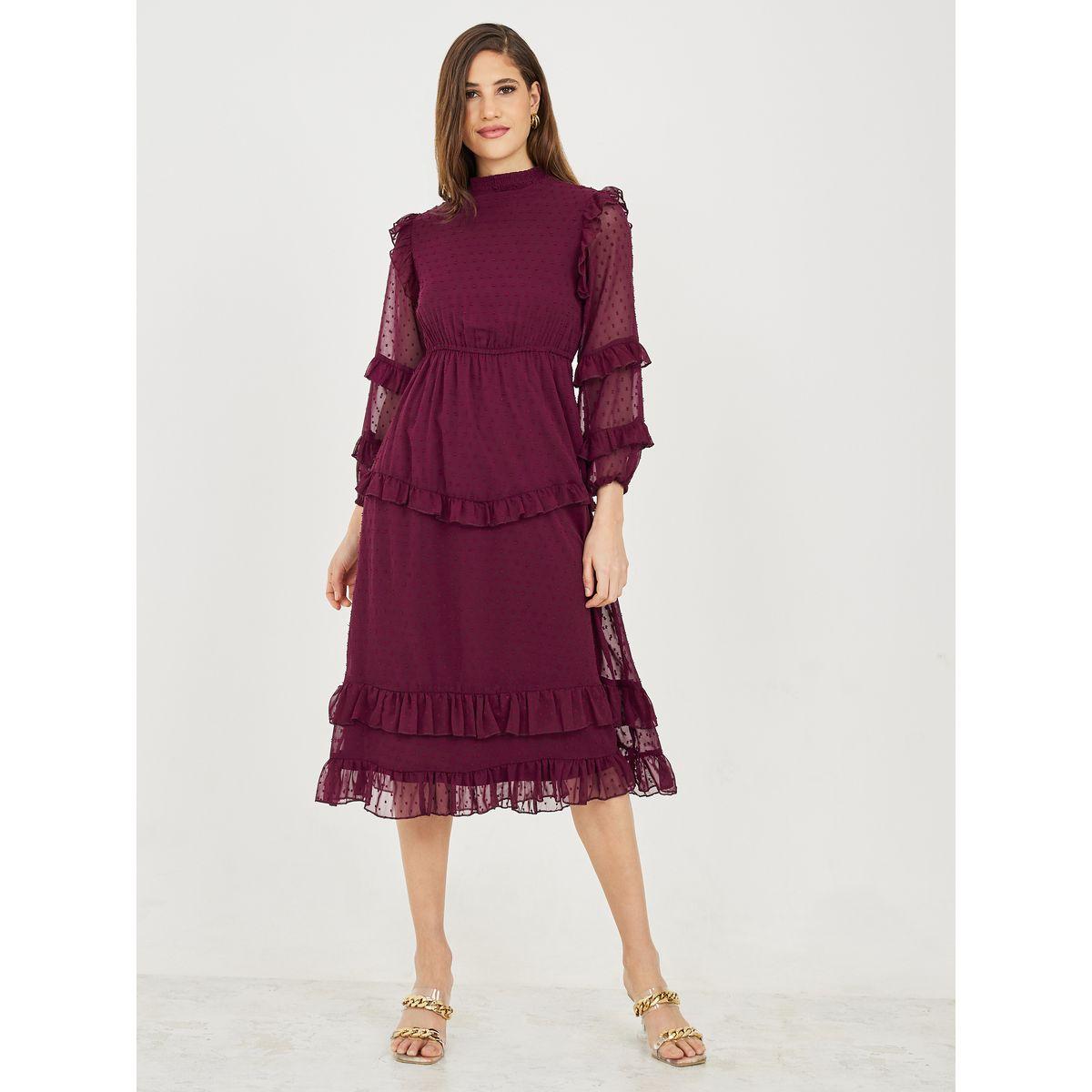 Styli Dobby Frill Detail Tiered Midi Dress-women-clothing-dresses-image-1