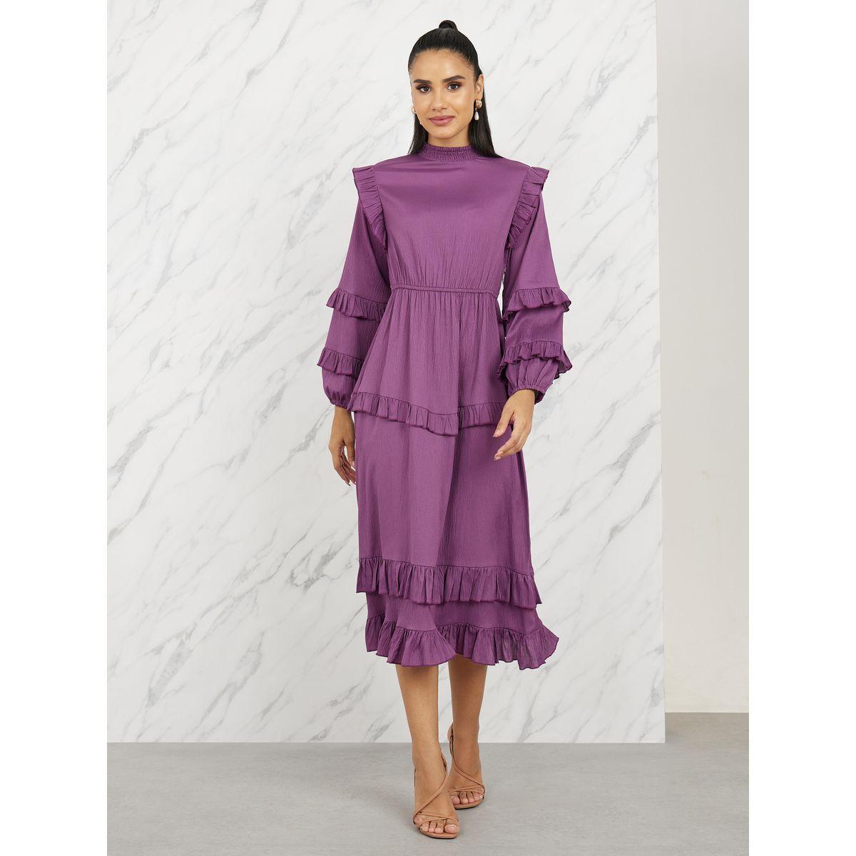 فستان ميدي بكسرات مع ياقة عالية وكشكش-women-clothing-dresses-image-1