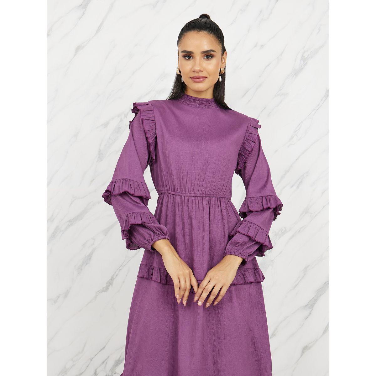 Styli Ruffle Detail High Neck Tiered Midi Dress-women-clothing-dresses-image-2