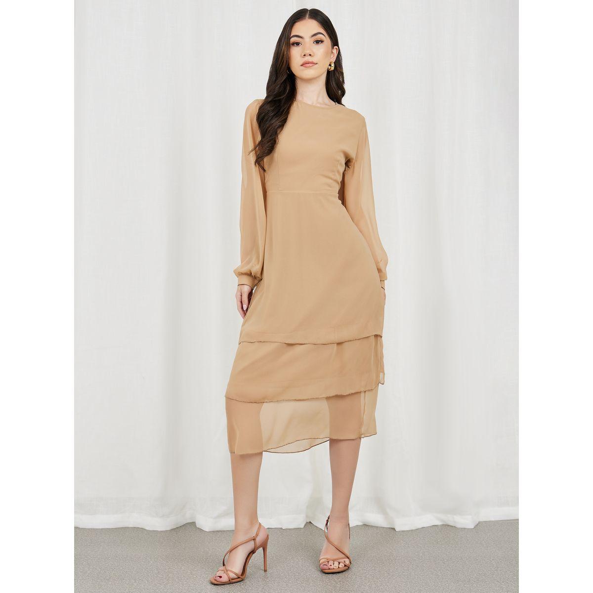 Styli Solid Long Sleeves Layer Tiered Midi Dress-women-clothing-dresses-image-1