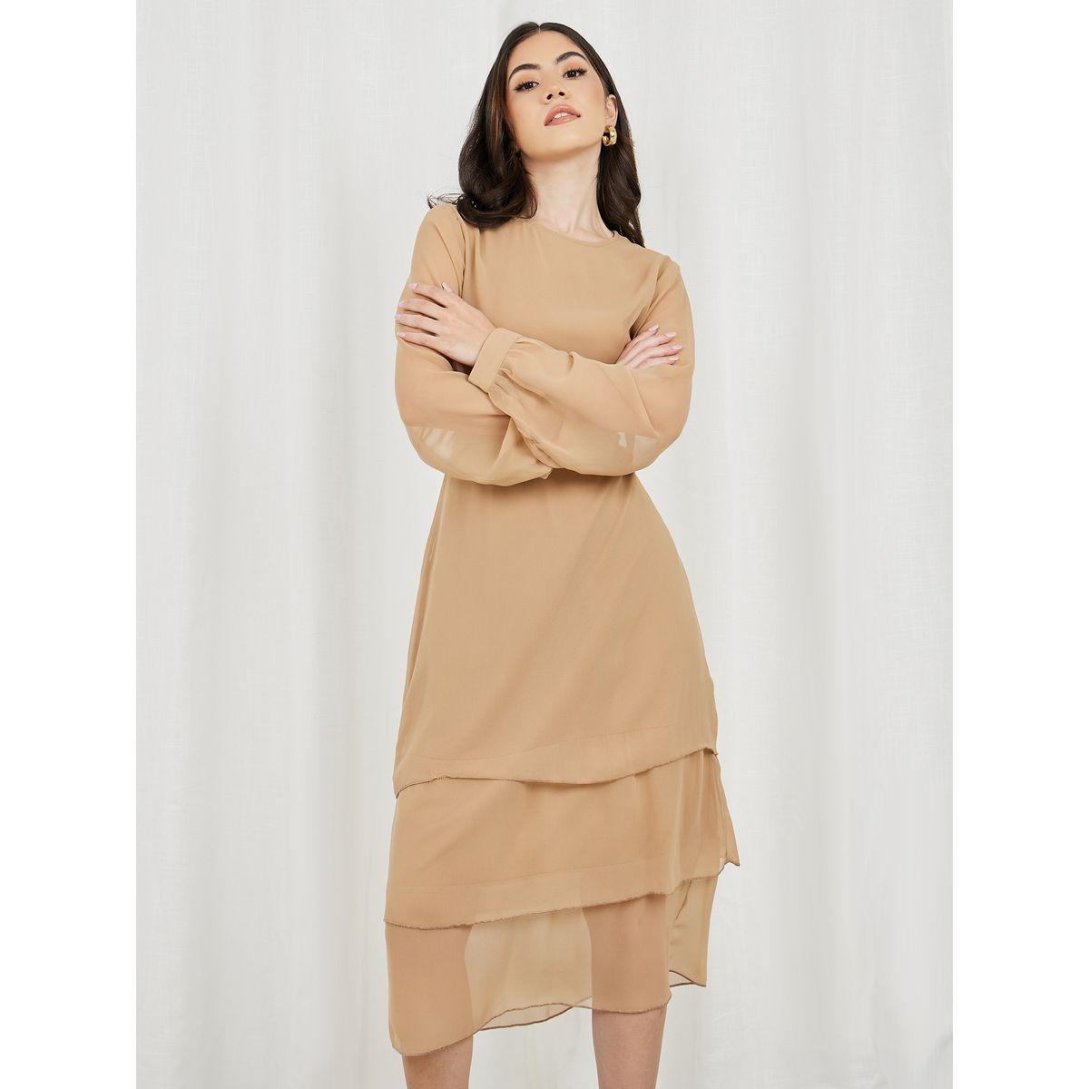 فستان ميدي سادة بكسرات واكمام طويلة-women-clothing-dresses-image-2