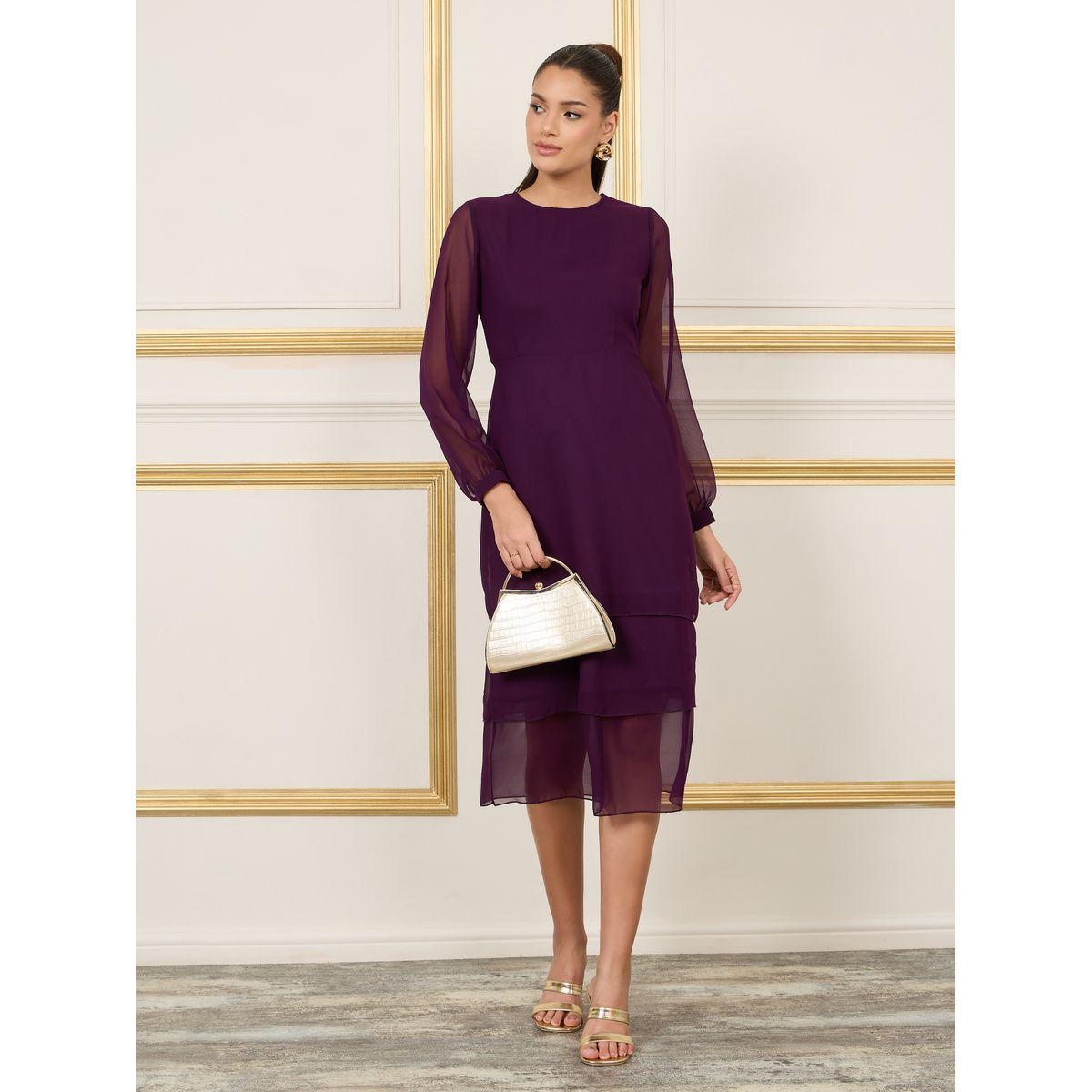 فستان ميدي سادة بكسرات واكمام طويلة-women-clothing-dresses-image-4