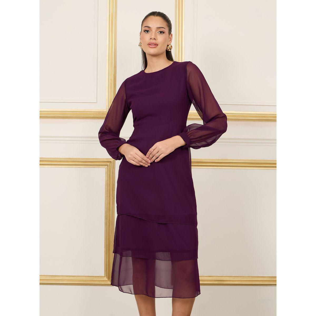فستان ميدي سادة بكسرات واكمام طويلة-women-clothing-dresses-image-3