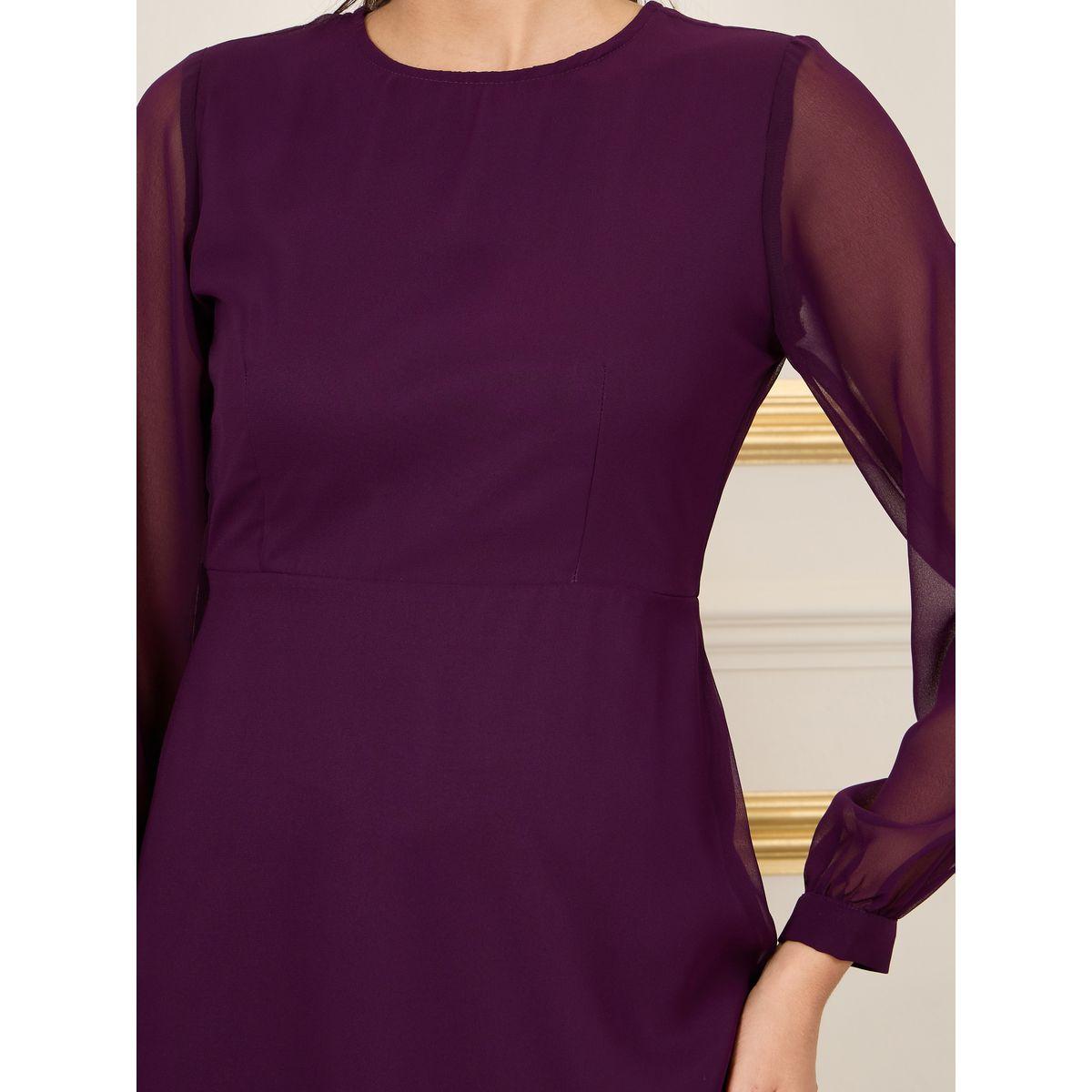 فستان ميدي سادة بكسرات واكمام طويلة-women-clothing-dresses-image-2