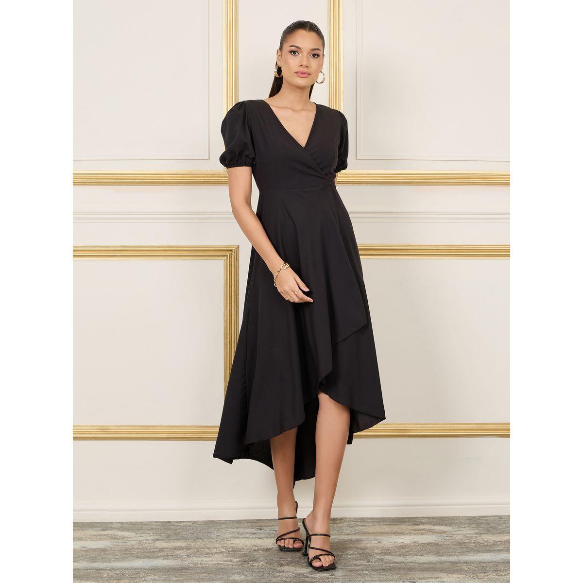Styli Solid Puff Sleeves Asymmetric Hem Wrap Midi Dress-women-clothing-dresses-image-1