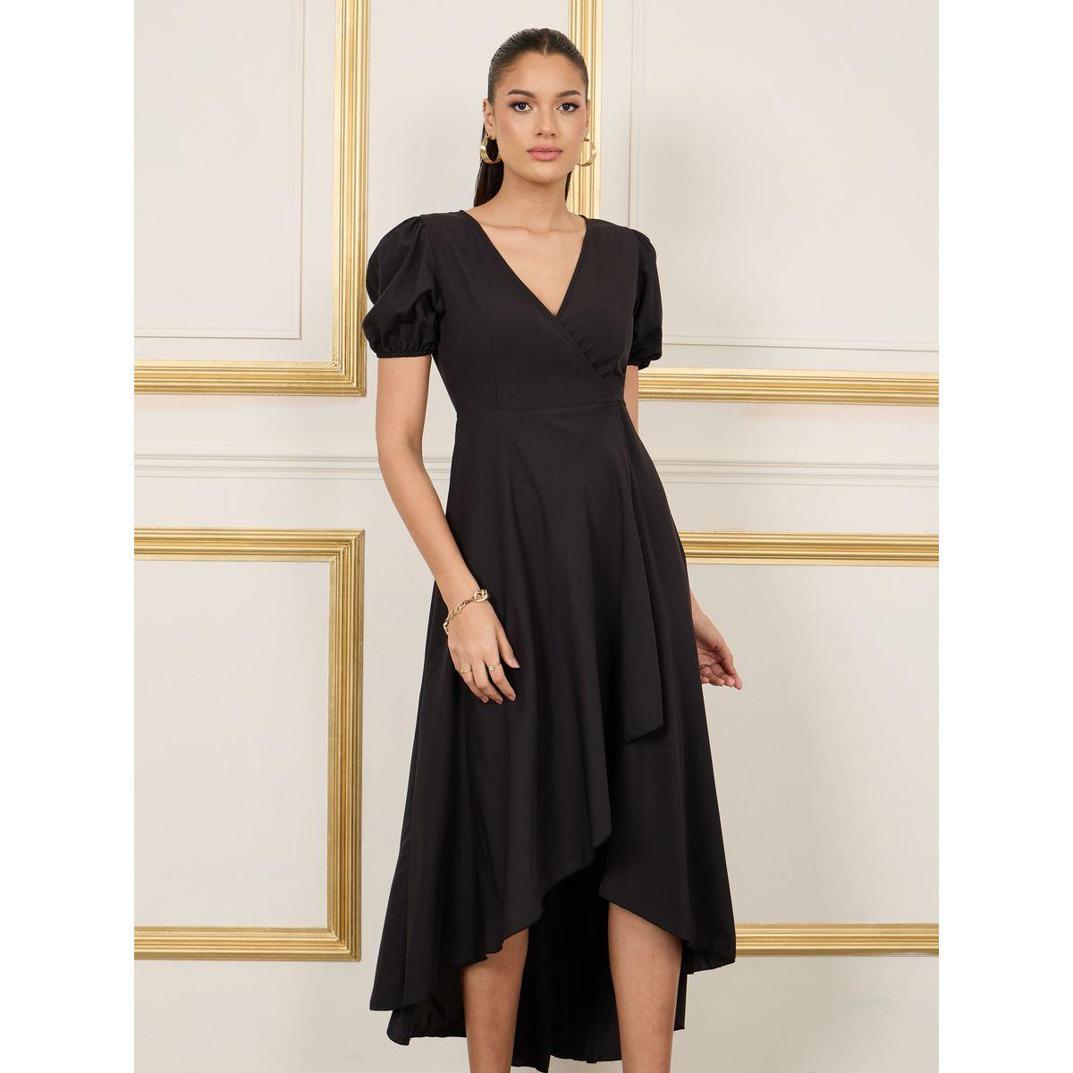 Styli Solid Puff Sleeves Asymmetric Hem Wrap Midi Dress-women-clothing-dresses-image-2