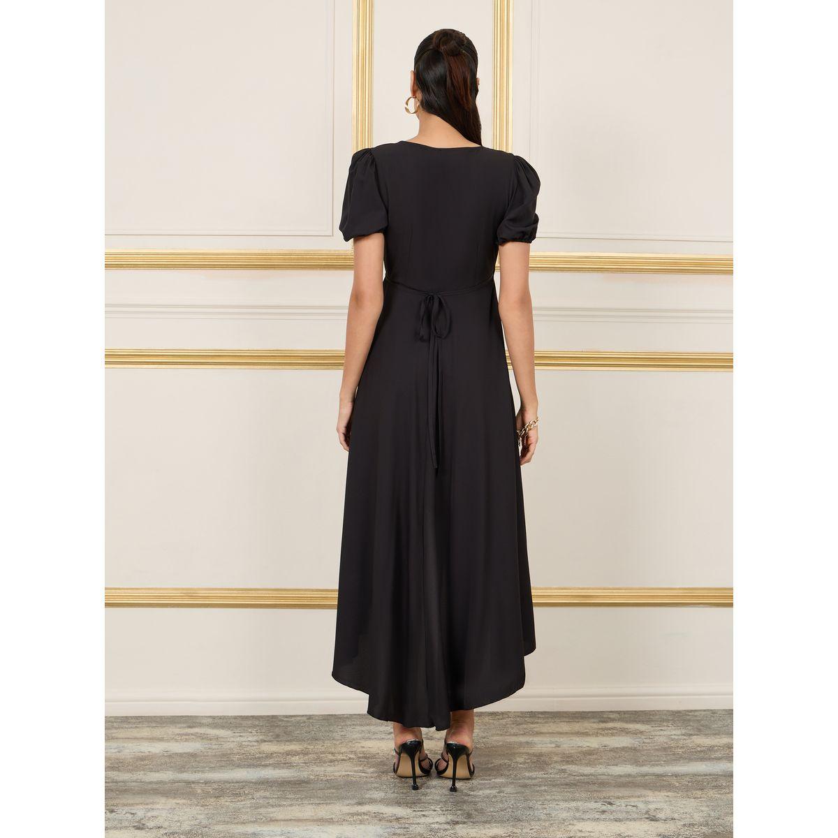Styli Solid Puff Sleeves Asymmetric Hem Wrap Midi Dress-women-clothing-dresses-image-4
