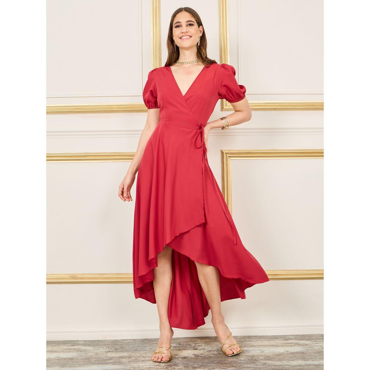 Styli Solid Puff Sleeves Asymmetric Hem Wrap Midi Dress-women-clothing-dresses-image-1