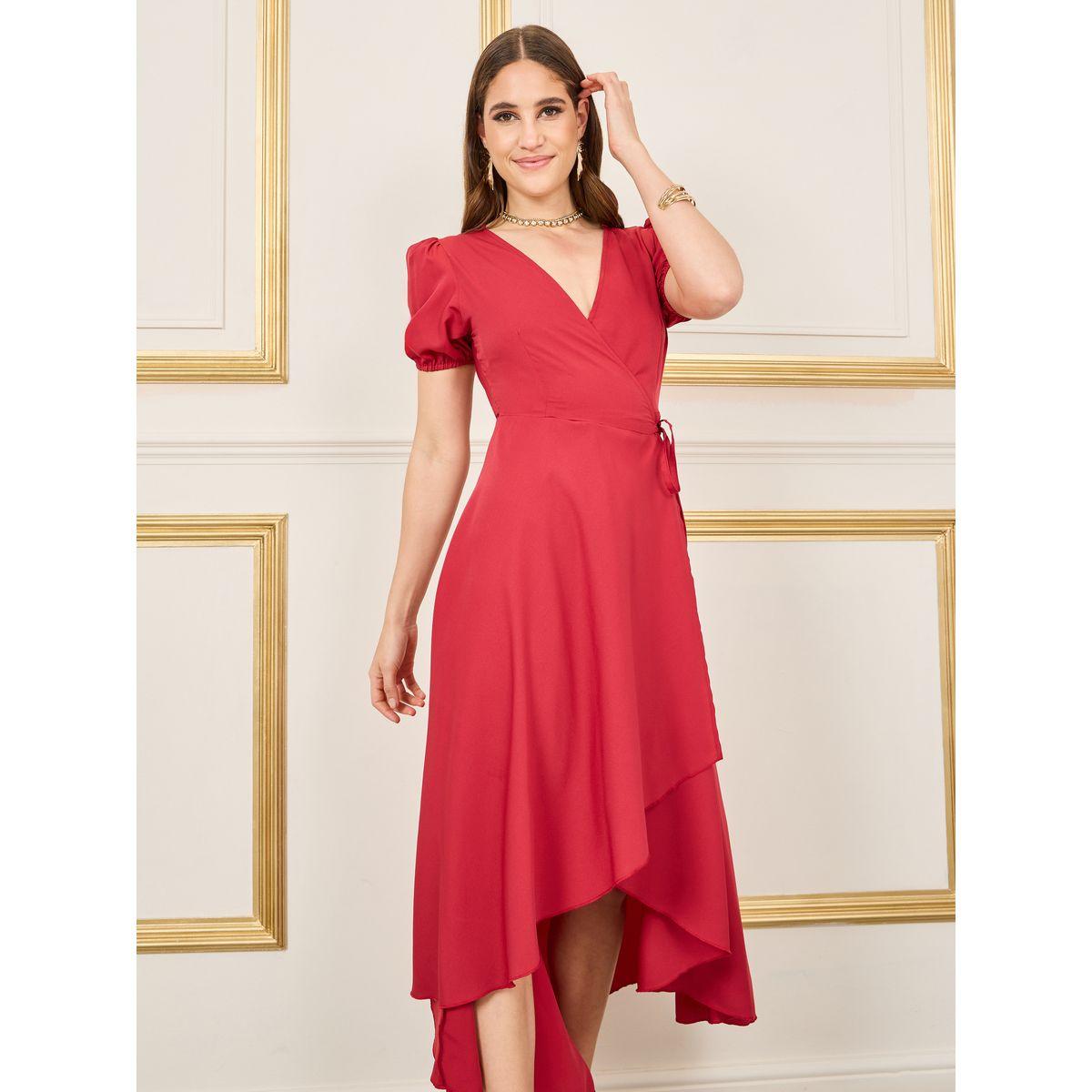 Styli Solid Puff Sleeves Asymmetric Hem Wrap Midi Dress-women-clothing-dresses-image-2