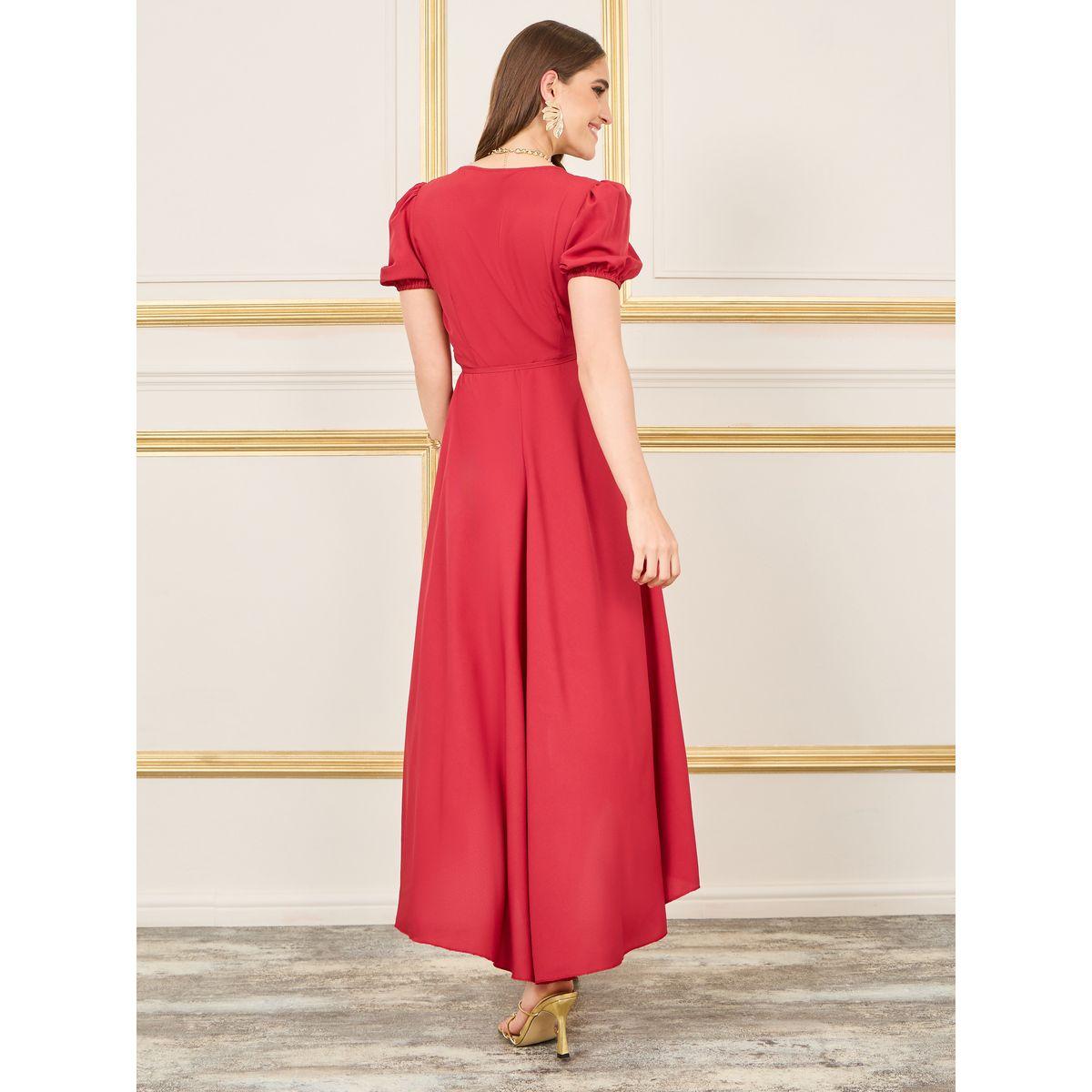 Styli Solid Puff Sleeves Asymmetric Hem Wrap Midi Dress-women-clothing-dresses-image-4
