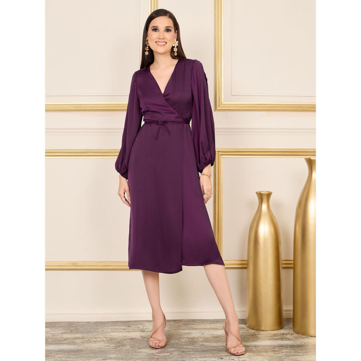 فستان ميدي ساتان بنمط لف واكمام بشق-women-clothing-dresses-image-1