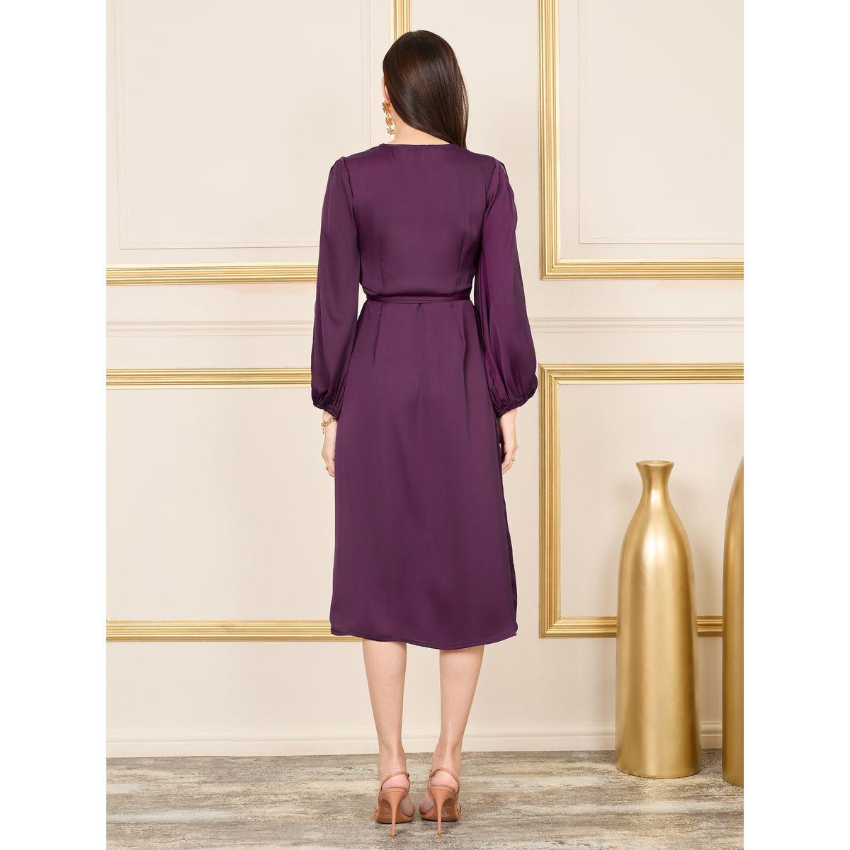 Styli Satin Slit Sleeves V Neck Wrap Midi Dress-women-clothing-dresses-image-4