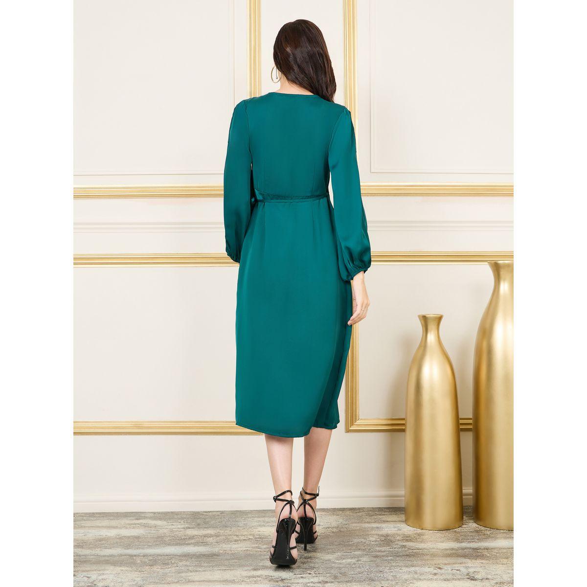 Styli Satin Slit Sleeves V Neck Wrap Midi Dress-women-clothing-dresses-image-4