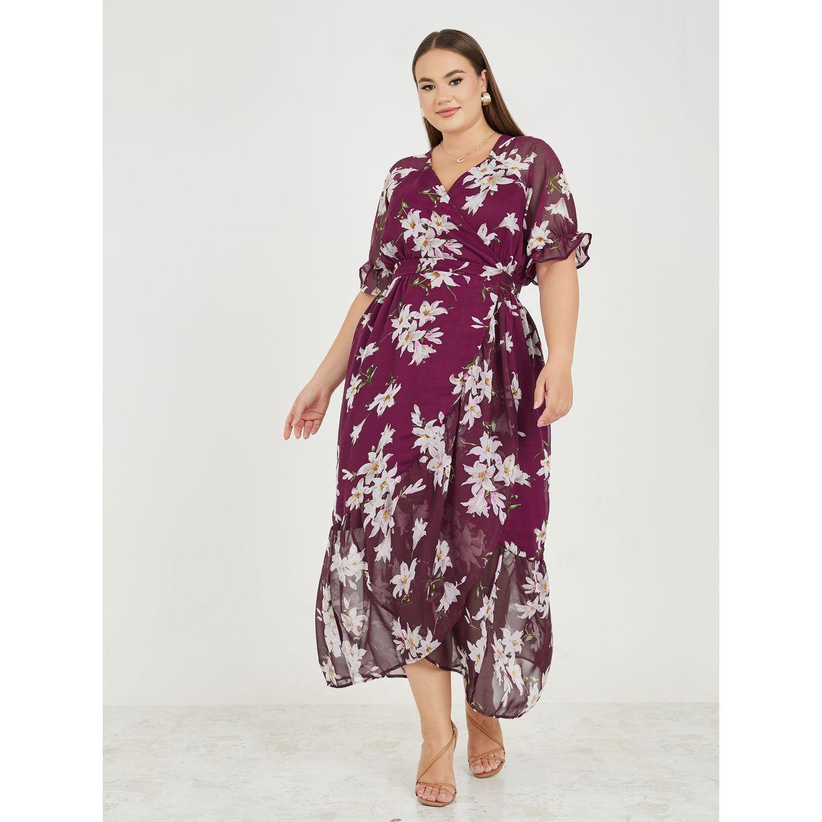 Styli Plus Floral Print Sheer Panel Wrap Maxi Dress-women-clothing-dresses-image-1
