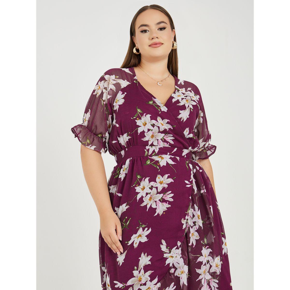 فستان طويل بمقاس كبير ونمط لف مع طبعة زهور-women-clothing-dresses-image-2