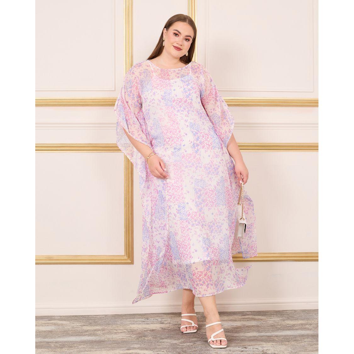 Styli Plus Lurex Striped Floral Print Ruched Sleeves Kaftan Maxi Dress-women-clothing-dresses-image-1