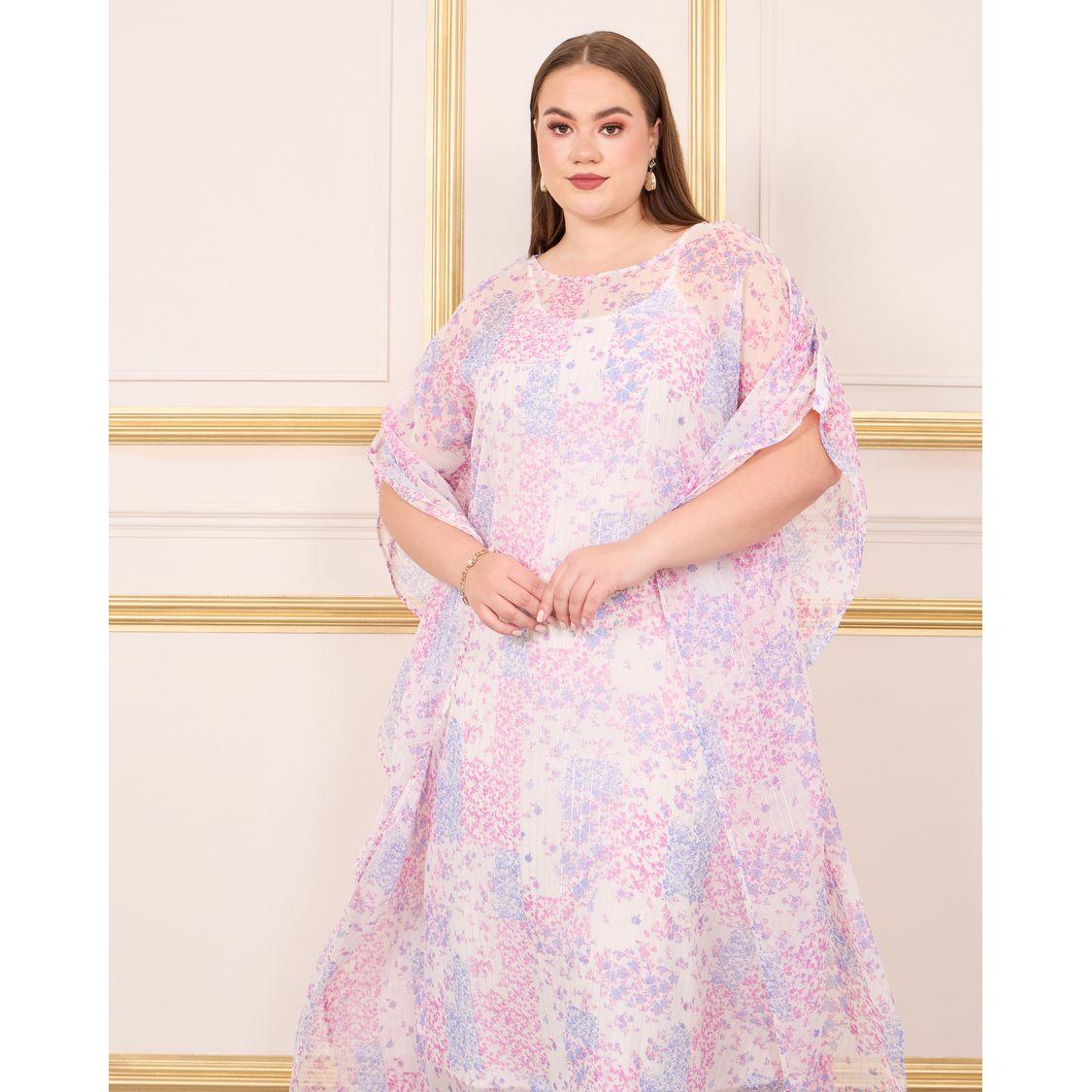 Styli Plus Lurex Striped Floral Print Ruched Sleeves Kaftan Maxi Dress-women-clothing-dresses-image-2