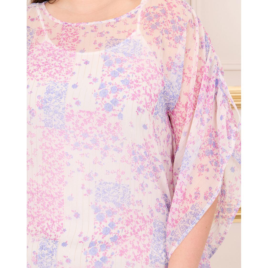 Styli Plus Lurex Striped Floral Print Ruched Sleeves Kaftan Maxi Dress-women-clothing-dresses-image-4