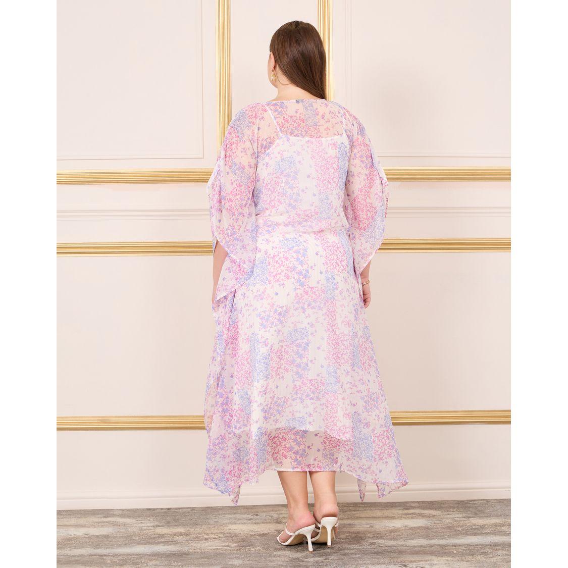 Styli Plus Lurex Striped Floral Print Ruched Sleeves Kaftan Maxi Dress-women-clothing-dresses-image-5
