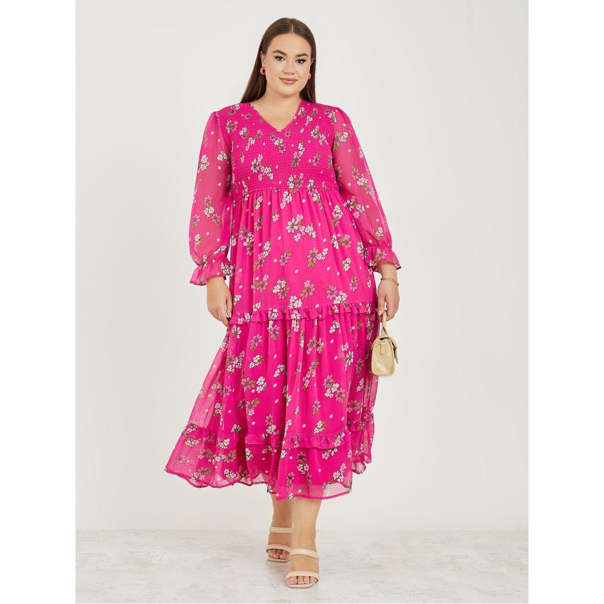 فستان طويل بمقاس كبير مع طبعة زهور وكشكش-women-clothing-dresses-image-1