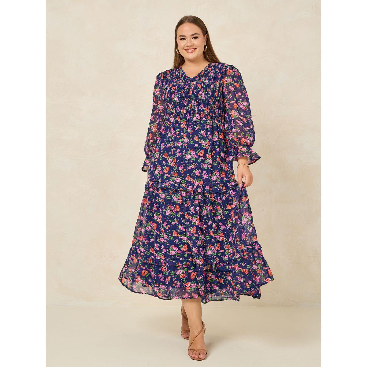 فستان طويل بمقاس كبير مع طبعة زهور وكشكش-women-clothing-dresses-image-1