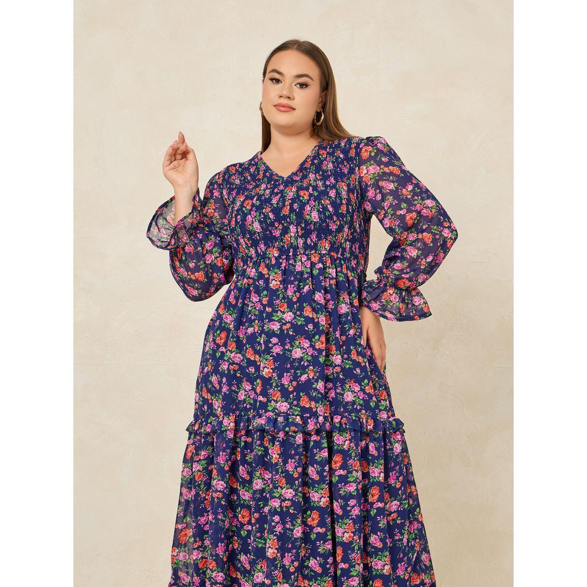 فستان طويل بمقاس كبير مع طبعة زهور وكشكش-women-clothing-dresses-image-2