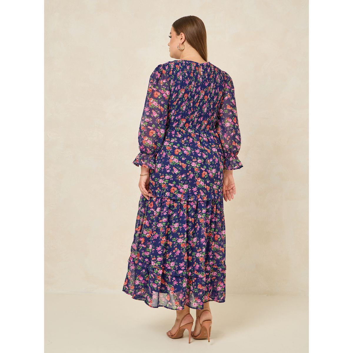 فستان طويل بمقاس كبير مع طبعة زهور وكشكش-women-clothing-dresses-image-4