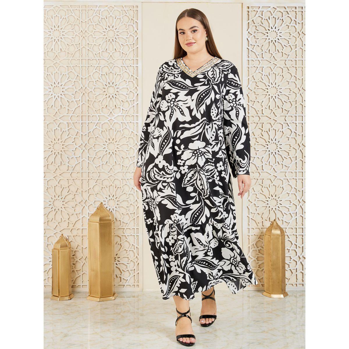 Styli Lace Trim V Neck Floral Print Jalabiya-women-arabicclothing-jalabiyas-image-1