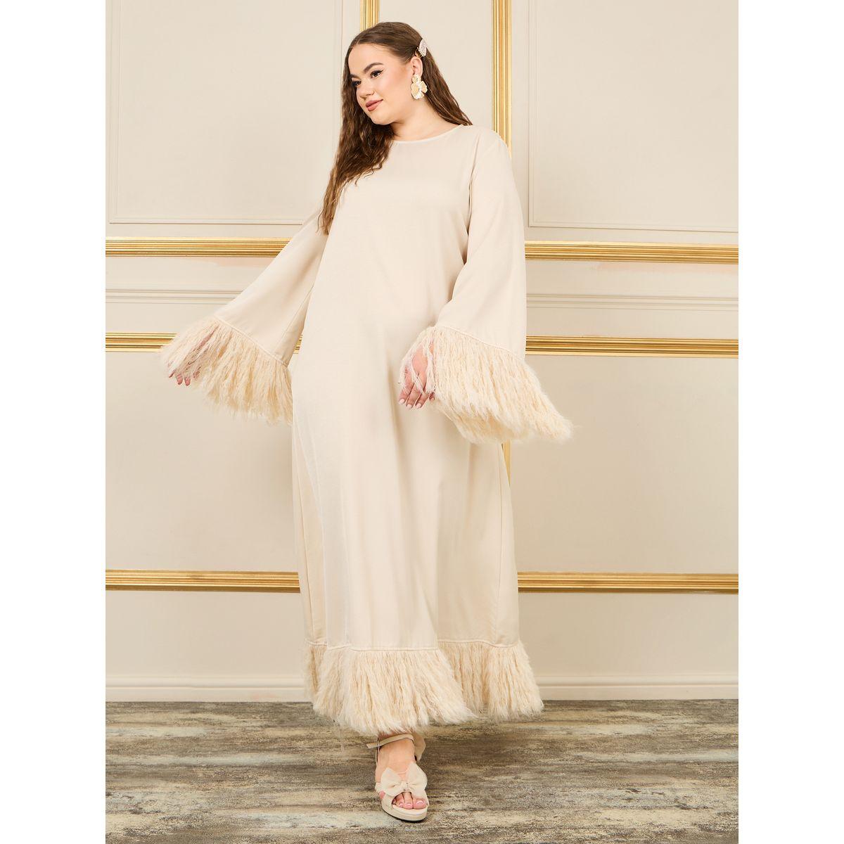 Styli Plus Faux Feather Trim Jalabiya-women-arabicclothing-jalabiyas-image-1