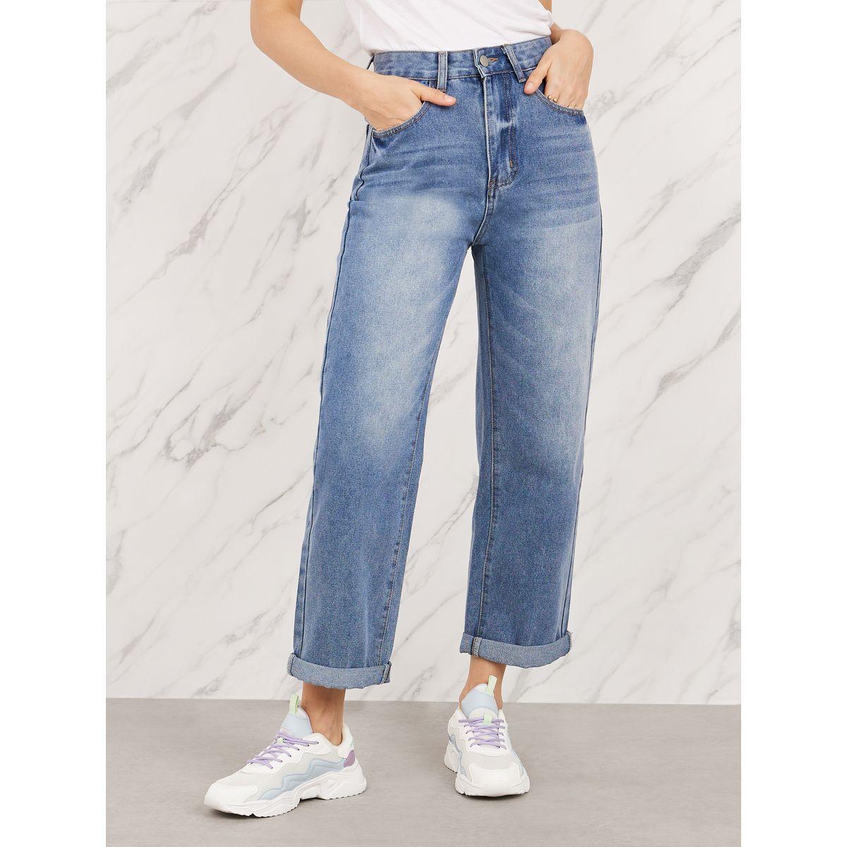 جينز قصير بقصة مستقيمة وخصر عالي-women-clothing-bottoms-jeans-image-1