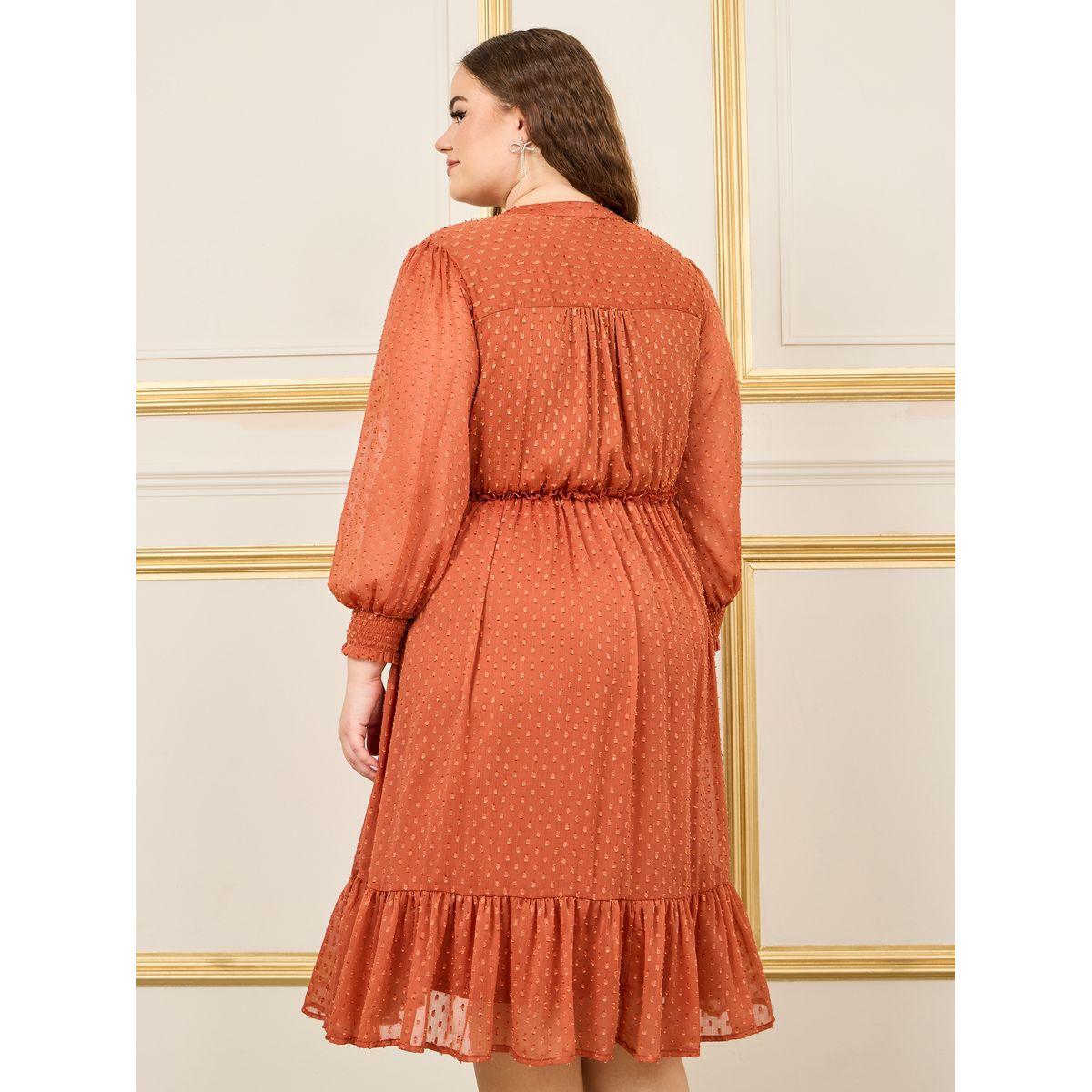 Styli Plus Dobby Ruffle Detail A-Line Midi Dress-women-clothing-dresses-image-4
