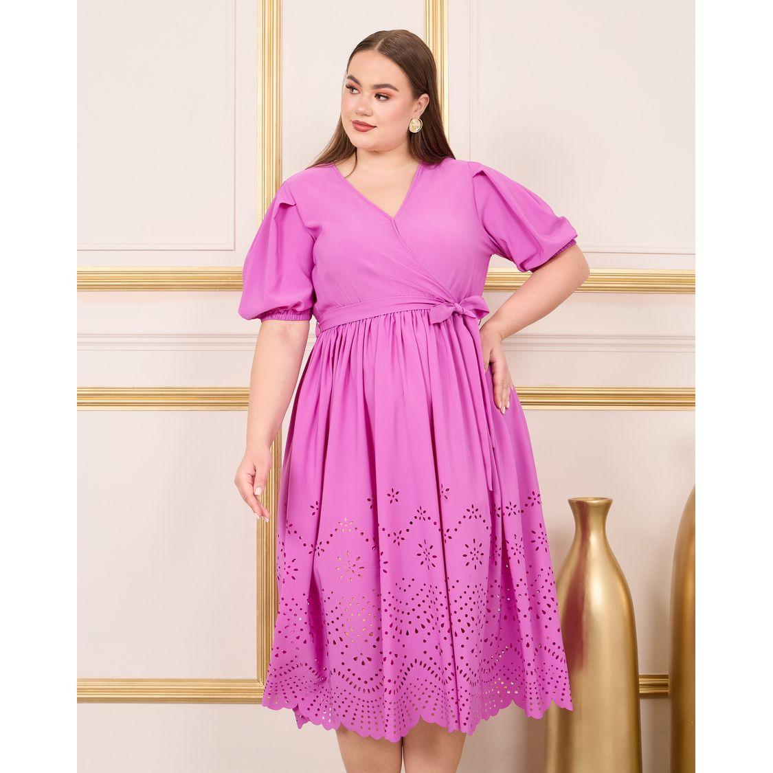 Styli Plus Schiffli Puff Sleeves Wrap Midi Dress-women-clothing-dresses-image-2