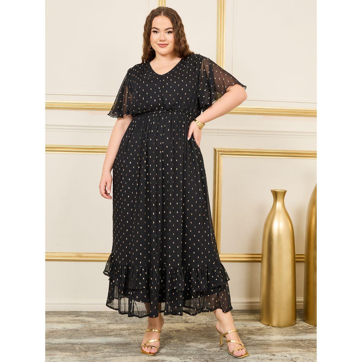 Styli Plus Lurex Paisley Print Ruffle Detail Maxi Dress-women-clothing-dresses-image-1