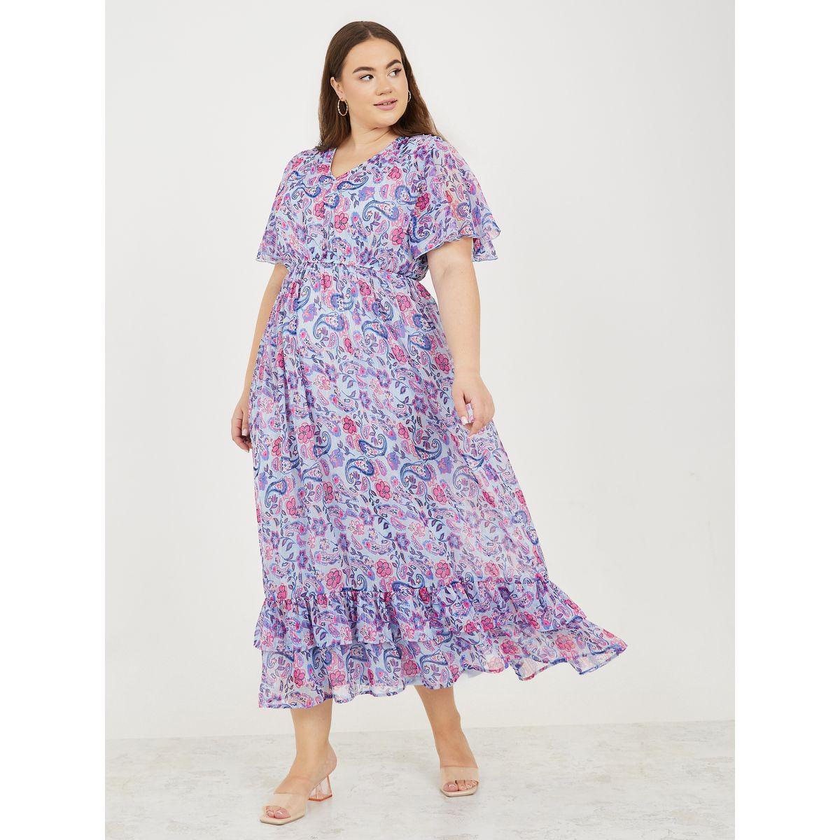 Styli Plus Lurex Paisley Print Ruffle Detail Maxi Dress-women-clothing-dresses-image-1