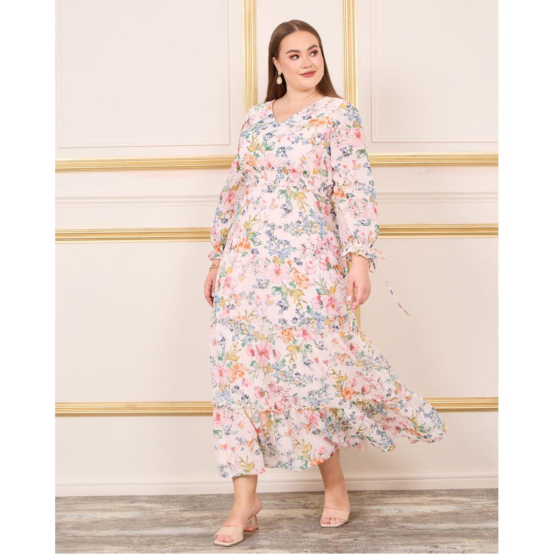 Styli Plus Floral Print Smocked Waist A-Line Maxi Dress-women-clothing-dresses-image-1