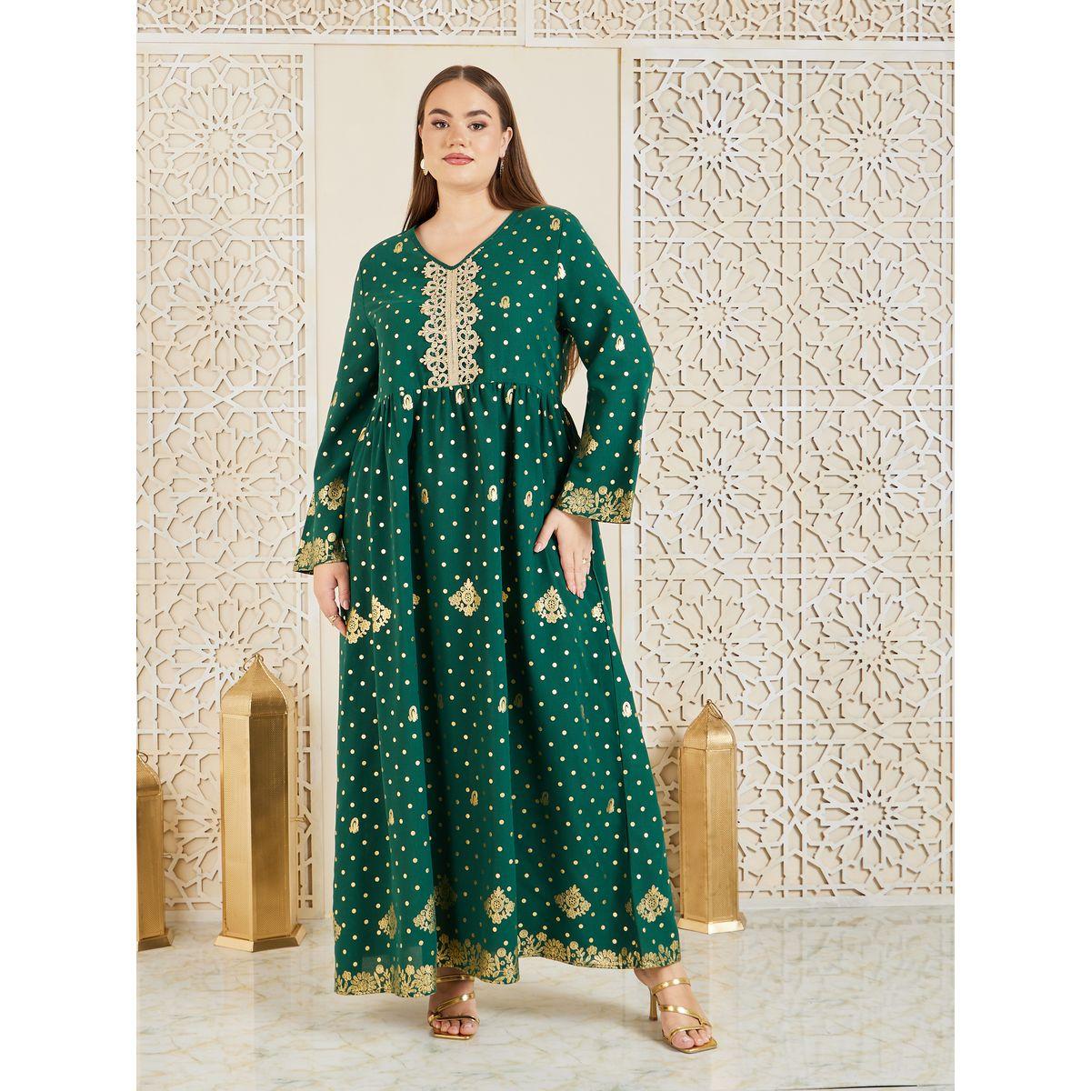 Styli Plus Embroidered Lace Foil Print Jalabiya-women-arabicclothing-jalabiyas-image-1