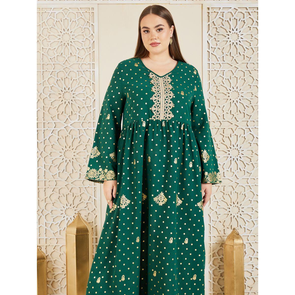 Styli Plus Embroidered Lace Foil Print Jalabiya-women-arabicclothing-jalabiyas-image-2