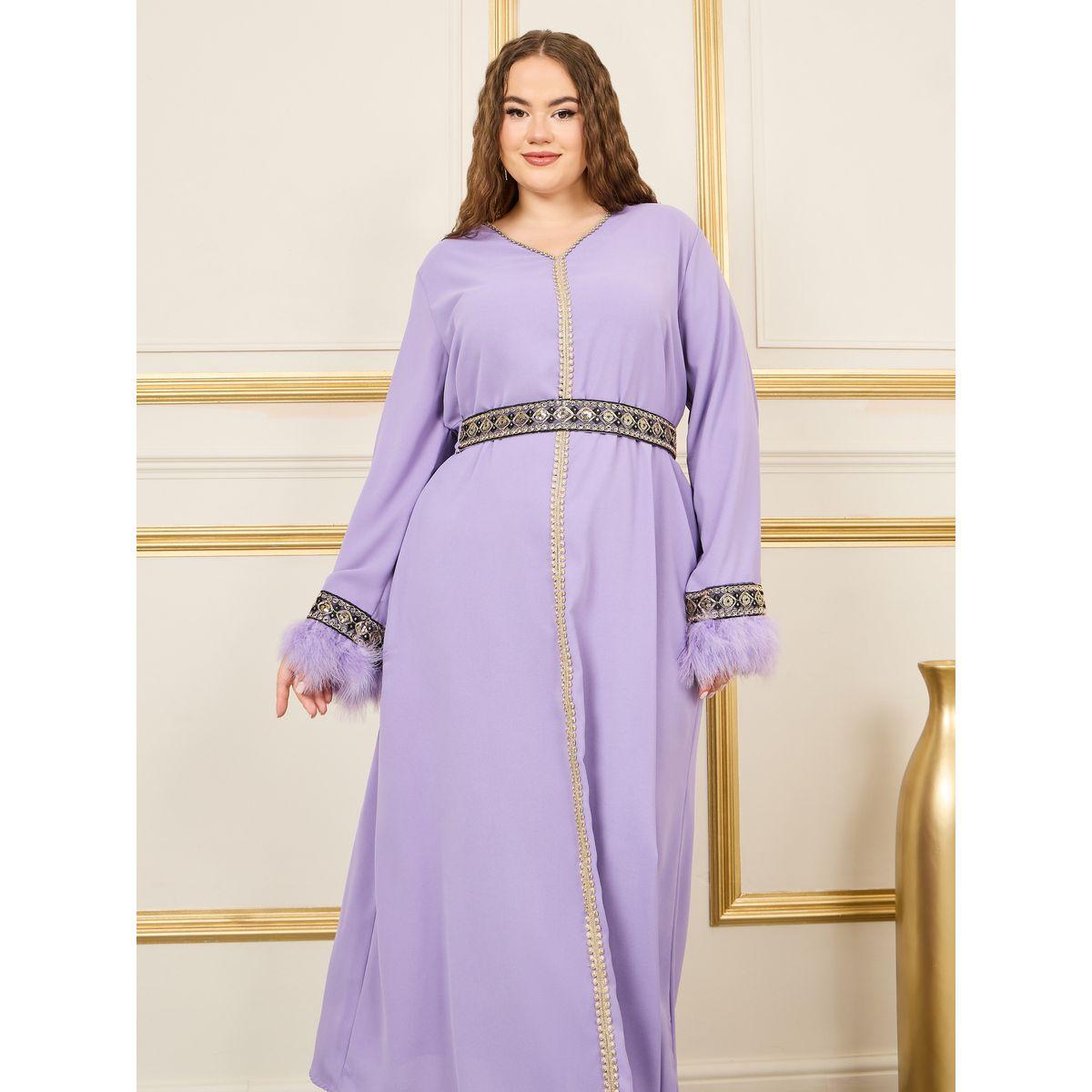 Styli Plus Faux Feather Trim Embroidered Lace Belted Jalabiya-women-arabicclothing-jalabiyas-image-2