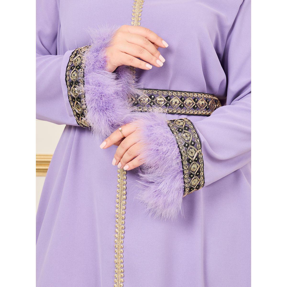 Styli Plus Faux Feather Trim Embroidered Lace Belted Jalabiya-women-arabicclothing-jalabiyas-image-3