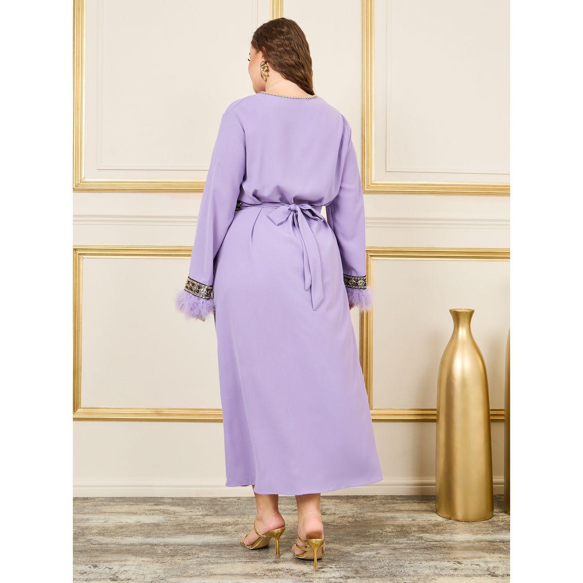 Styli Plus Faux Feather Trim Embroidered Lace Belted Jalabiya-women-arabicclothing-jalabiyas-image-4